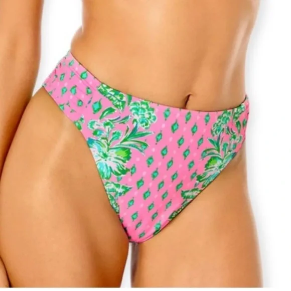 HIGH WAISTED CLANCY BIKINI BOTTOM - PINK SHANDY OH DIAMOND GIRL ENGINEERED - Picture 1 of 8